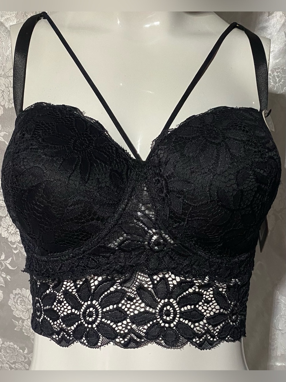 Body Frosting Black Lace Longline Bra 38D Super Sexy Strappy Bustier